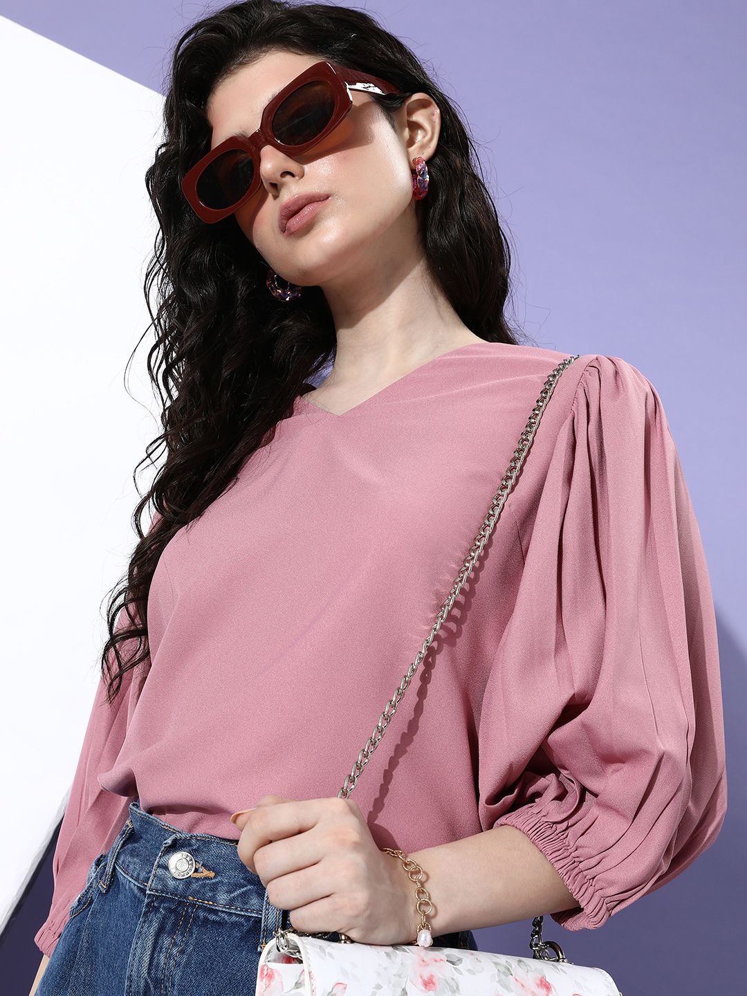 her by invictus Pale Mauve V-Neck Once Upon A Sleeve Top Price in India