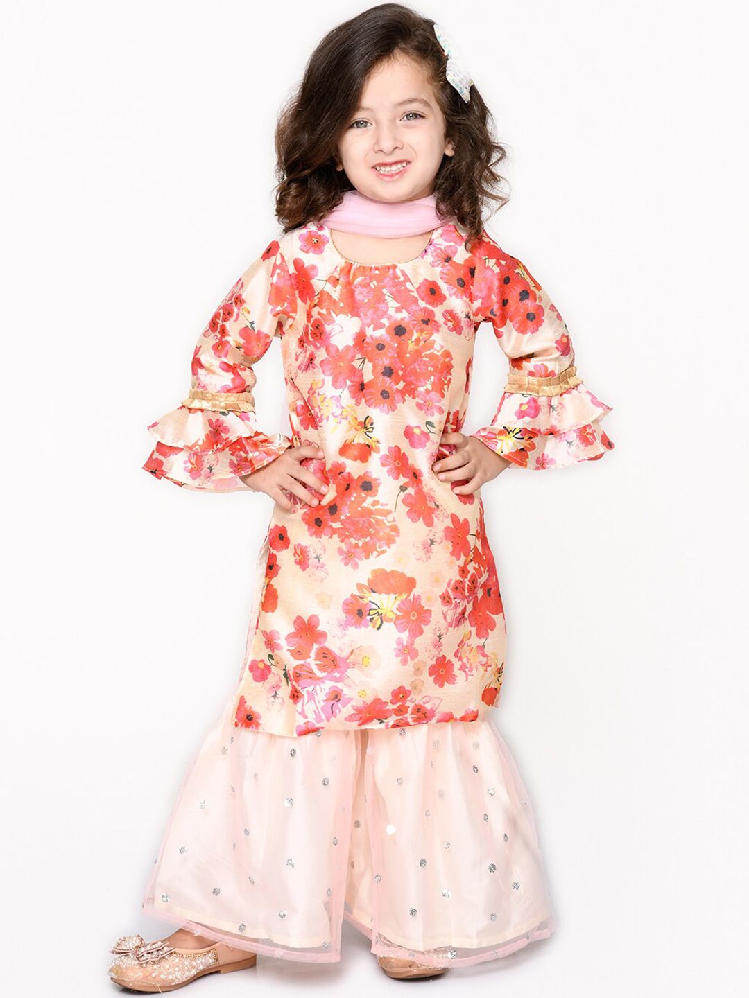 SAKA DESIGNS Girls Floral Printed Sequinned Kurta with Sharara & Dupatta