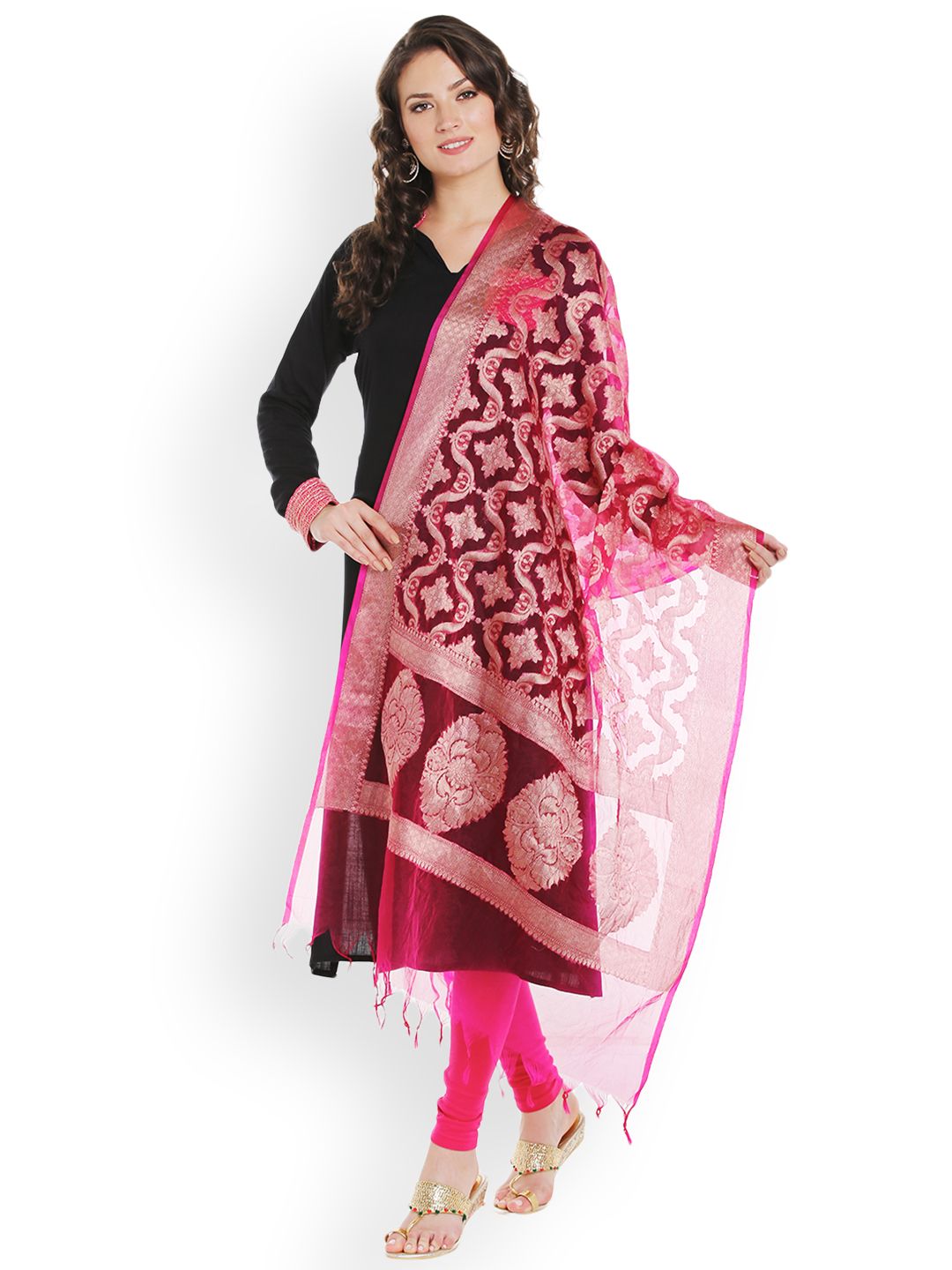 Dupatta Bazaar Gold-Toned & Pink Dupatta With Woven Design Price in India