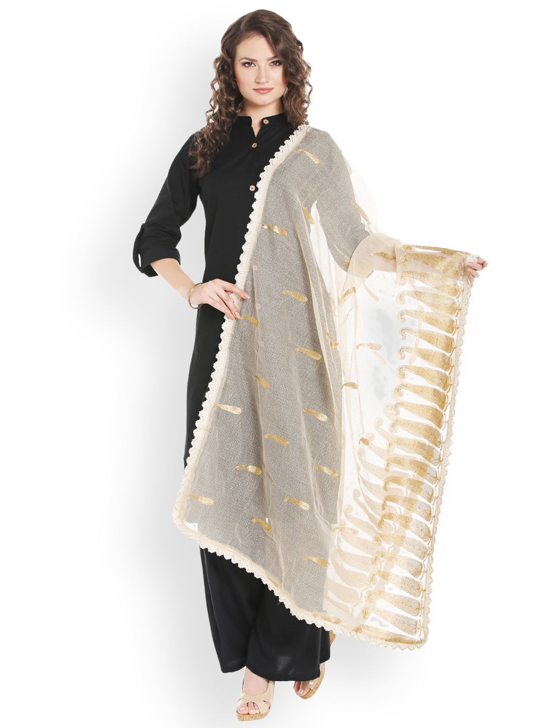 Dupatta Bazaar Beige & Gold-Toned Zari Embroidered Dupatta Price in India