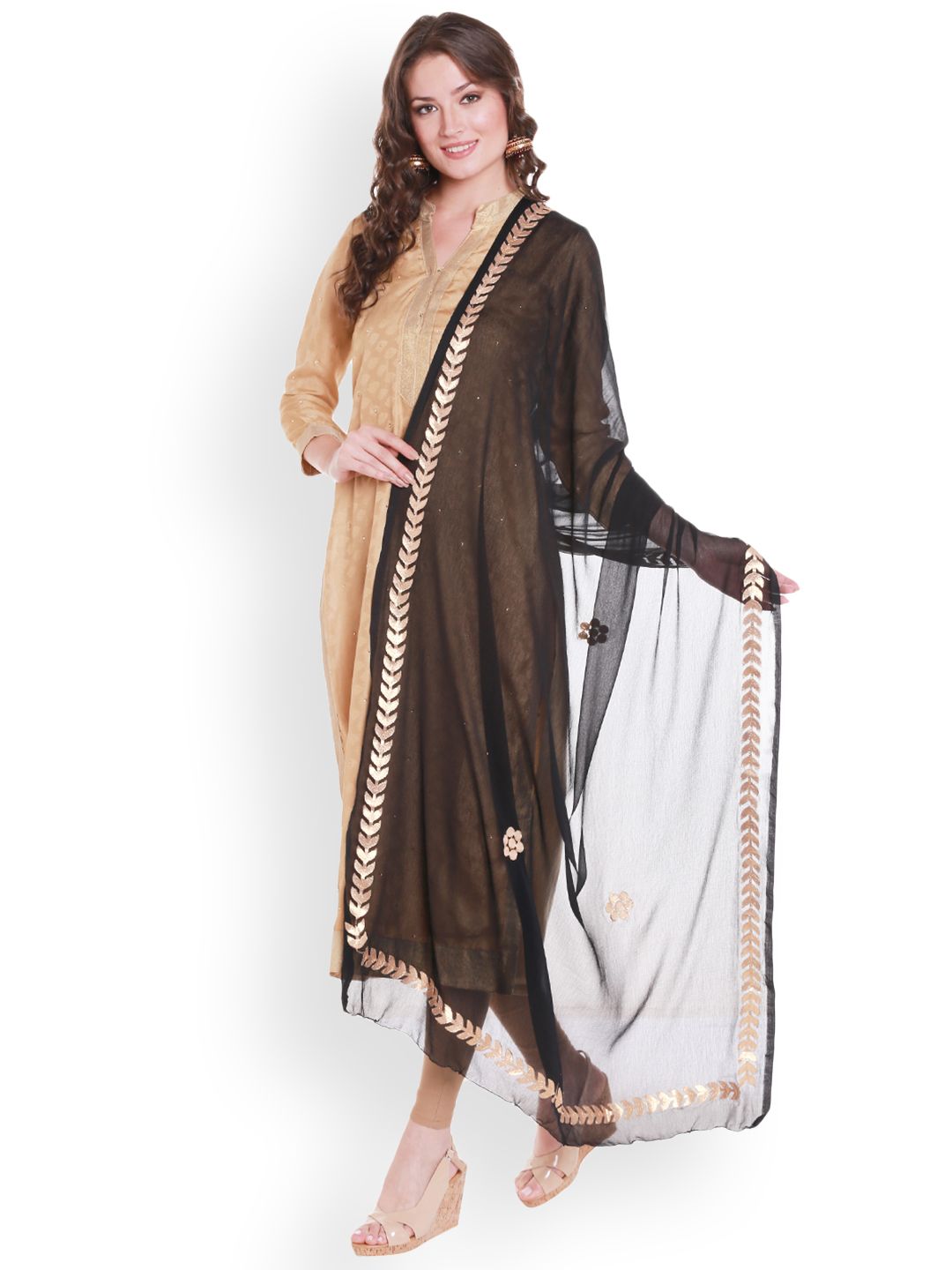 Dupatta Bazaar Black & Gold-Toned Gotta-Patti Embroidered Chiffon Dupatta Price in India