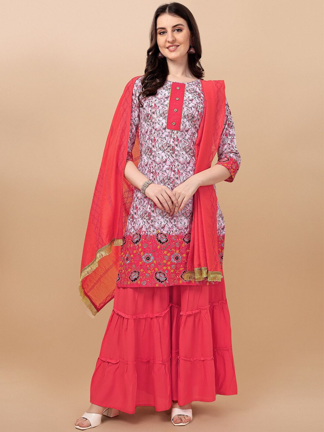 JATRIQQ Women Abstract Printed Boat Neck Straight Kurta with Sharara & Dupatta Price in India