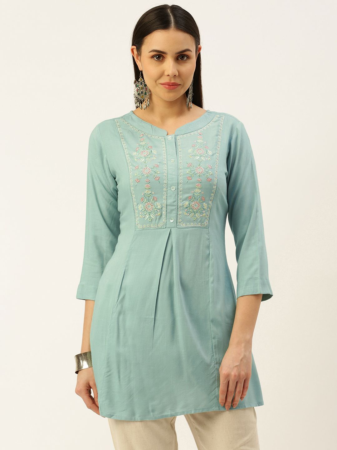 RACHNA Green Floral Embroidered Thread Work Kurti Price in India