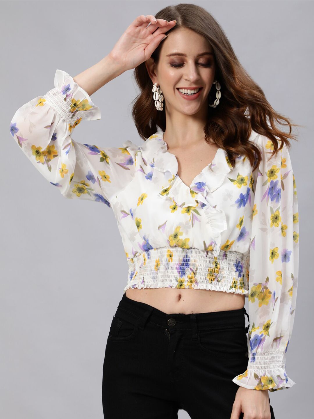 Ishin Floral Printed Ruffles Smocked Crop Top Price in India