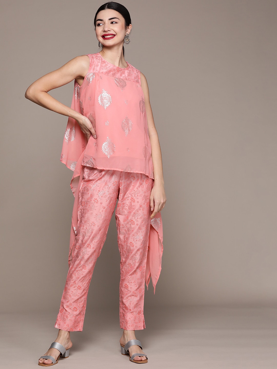 ZIYAA Women Pink Ethnic Motifs Printed Kurta with Trousers Price in India
