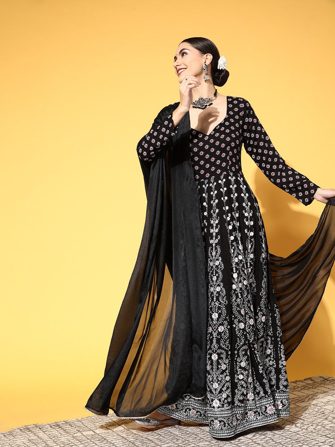 PANIT Black Ethnic Motifs Printed Fit & Flare Maxi Dress with Dupatta Price in India