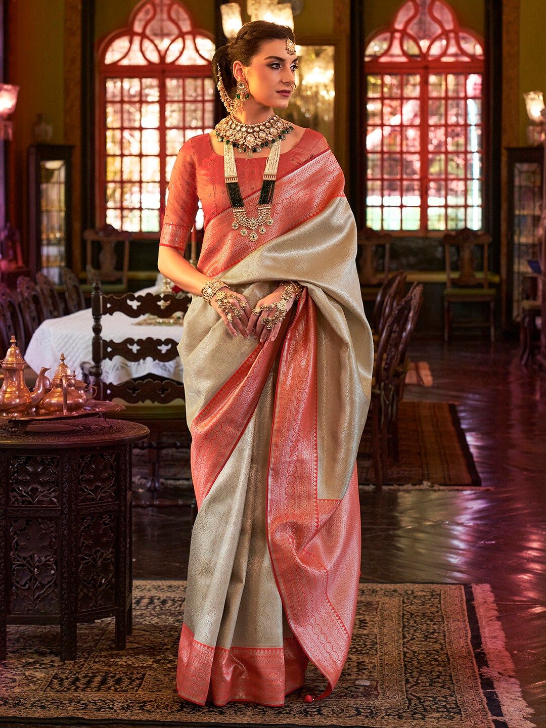 Anouk Ethnic Motifs Woven Design Zari Silk Blend Kanjeevaram Saree Price in India