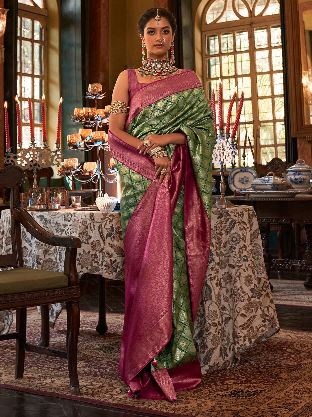 Anouk Green & Purple Woven Design Zari Silk Blend Kanjeevaram Saree Price in India