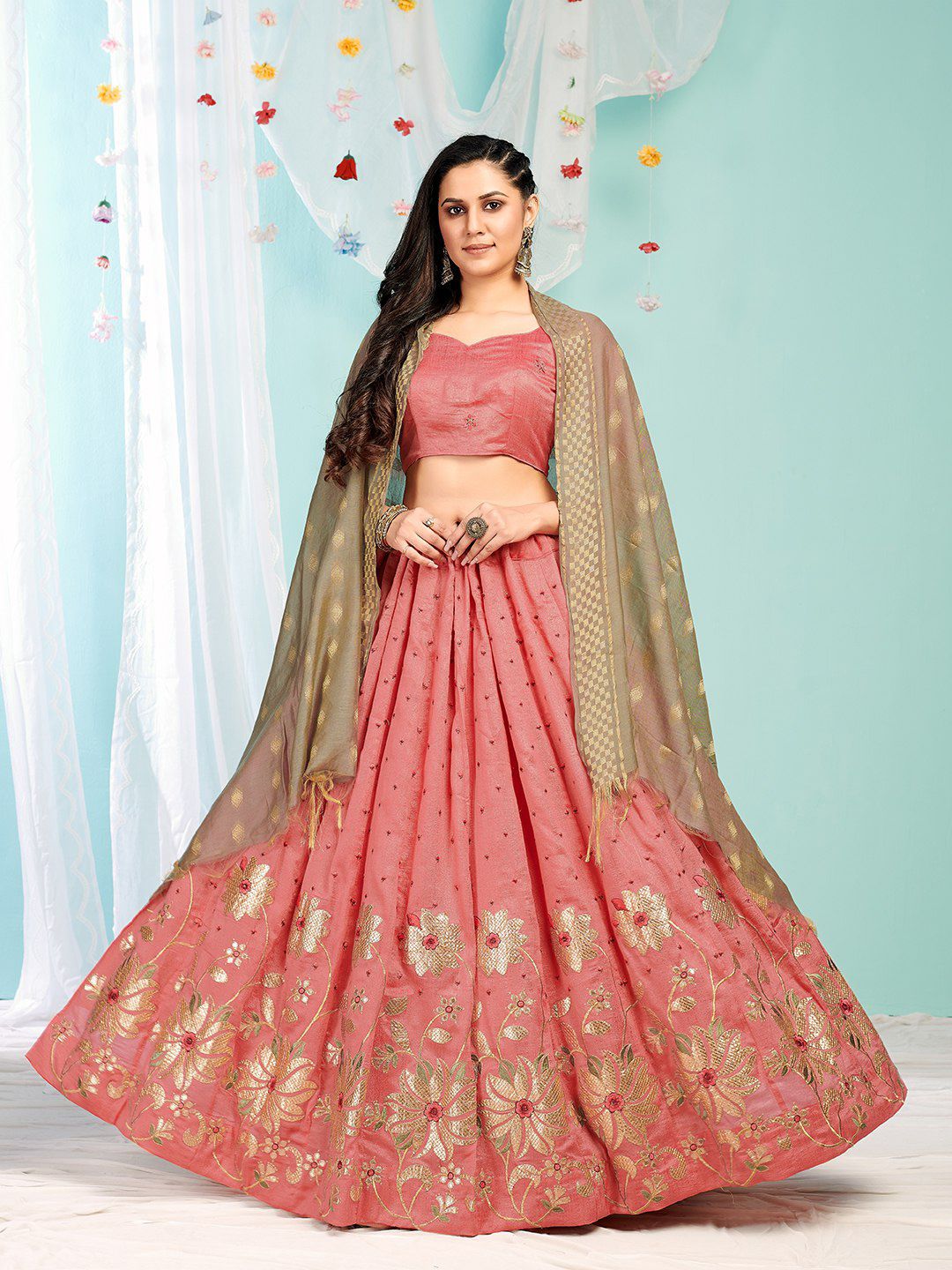 Ethnic Yard Embroidered Semi-Stitched Lehenga & Unstitched Blouse With Dupatta Price in India