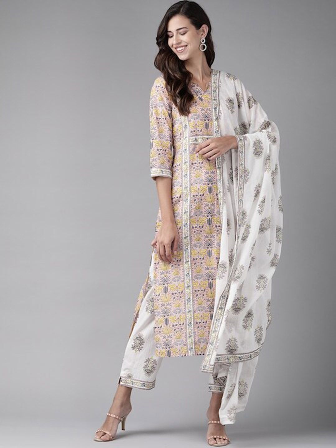 Amirah s Women Peach-Coloured Floral Printed Pure Cotton Kurta with Trousers & With Dupatta Price in India