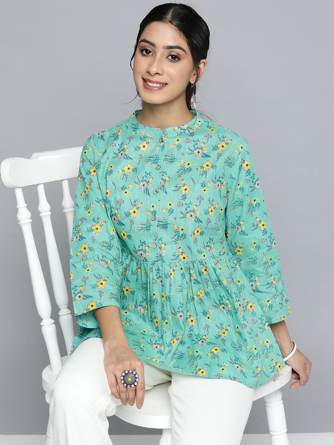 HERE&NOW Floral Print Mandarin Collar Top Price in India