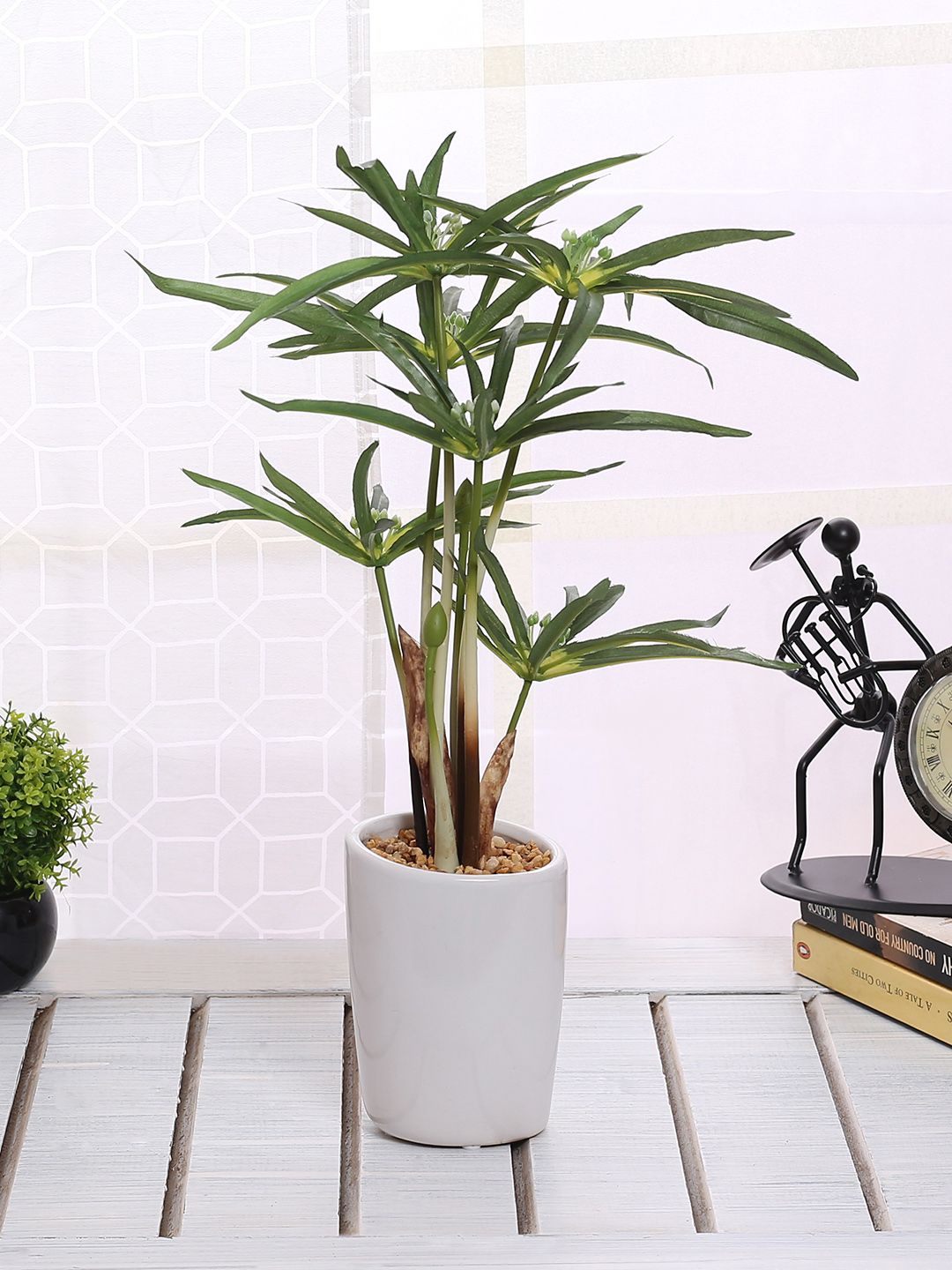 Fourwalls White & Green Artificial Cyperus Bonsai Plant Price in India