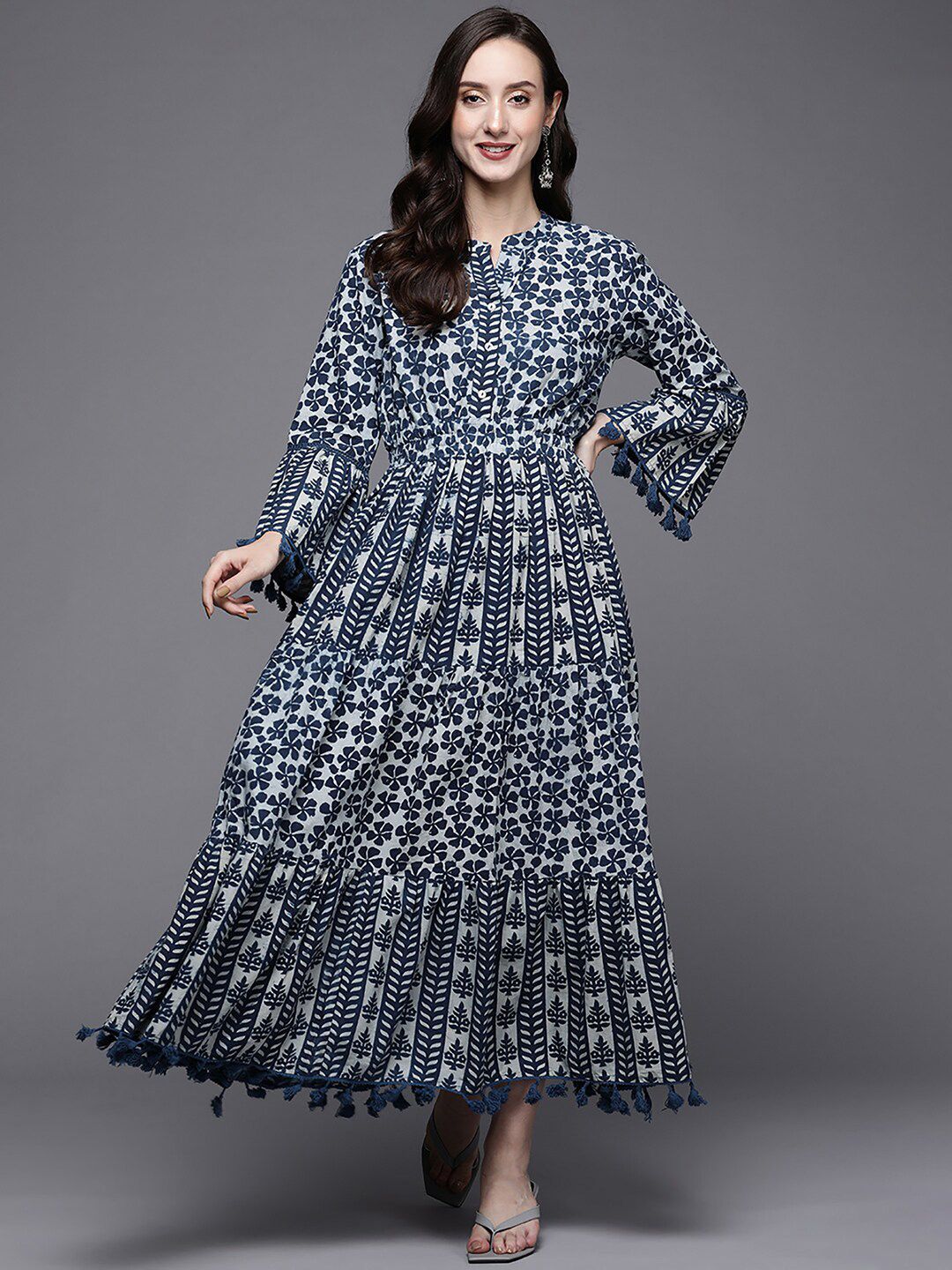 Indo Era Printed Bell Sleeve Fit And Flare Cotton Dress Price in India