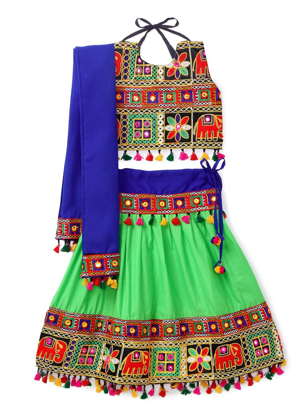 BANJARA INDIA Girls Green & Red Embroidered Thread Work Ready to Wear Lehenga & Blouse With Dupatta Price in India