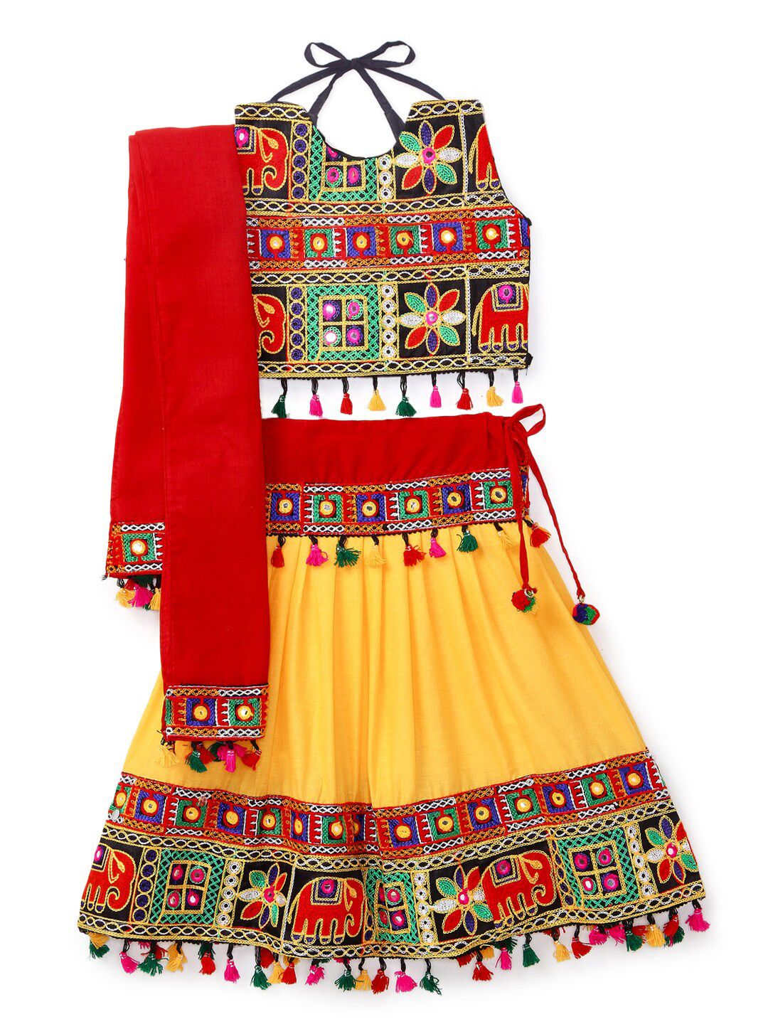BANJARA INDIA Girls Yellow & Red Embroidered Thread Work Ready to Wear Lehenga & Blouse With Dupatta Price in India