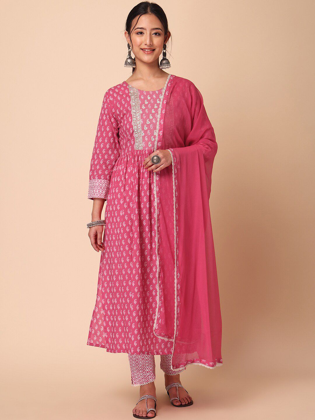 INDYA Women Paisley Printed & Embroidered Pure Cotton A-Line Kurta & Trouser With Dupatta Price in India