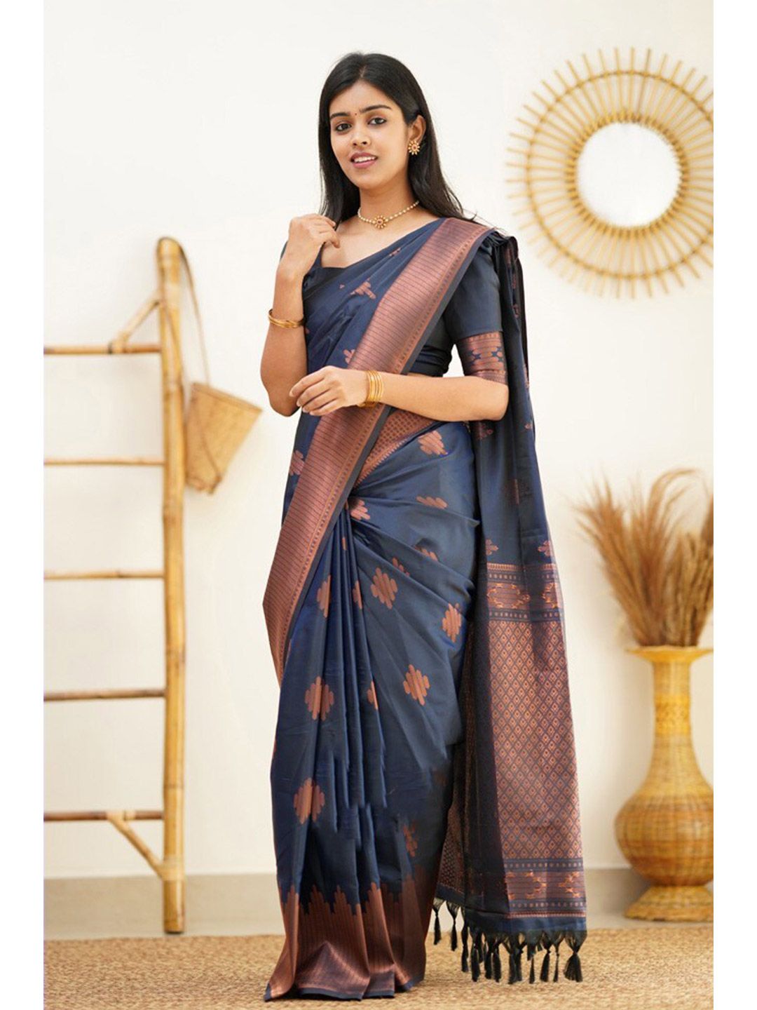 AVANTIKA FASHION Blue & Copper-Toned Woven Design Zari Pure Silk Kanjeevaram Saree Price in India