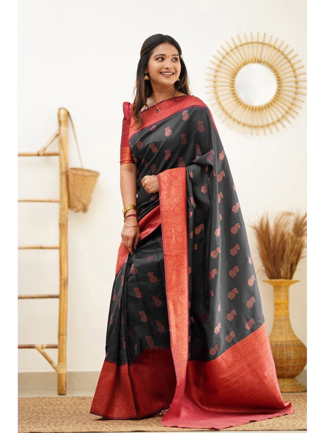 AVANTIKA FASHION Black & Red Woven Design Zari Pure Silk Kanjeevaram Saree Price in India