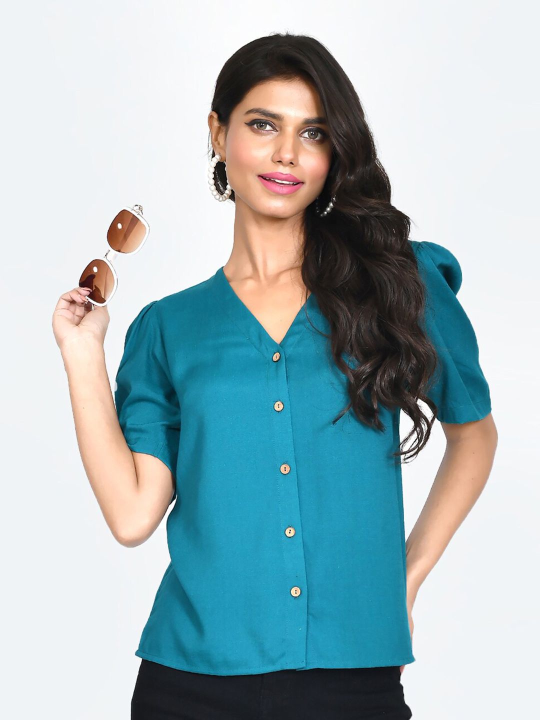 Zink London Puff Sleeves V-Neck Shirt Style Top Price in India