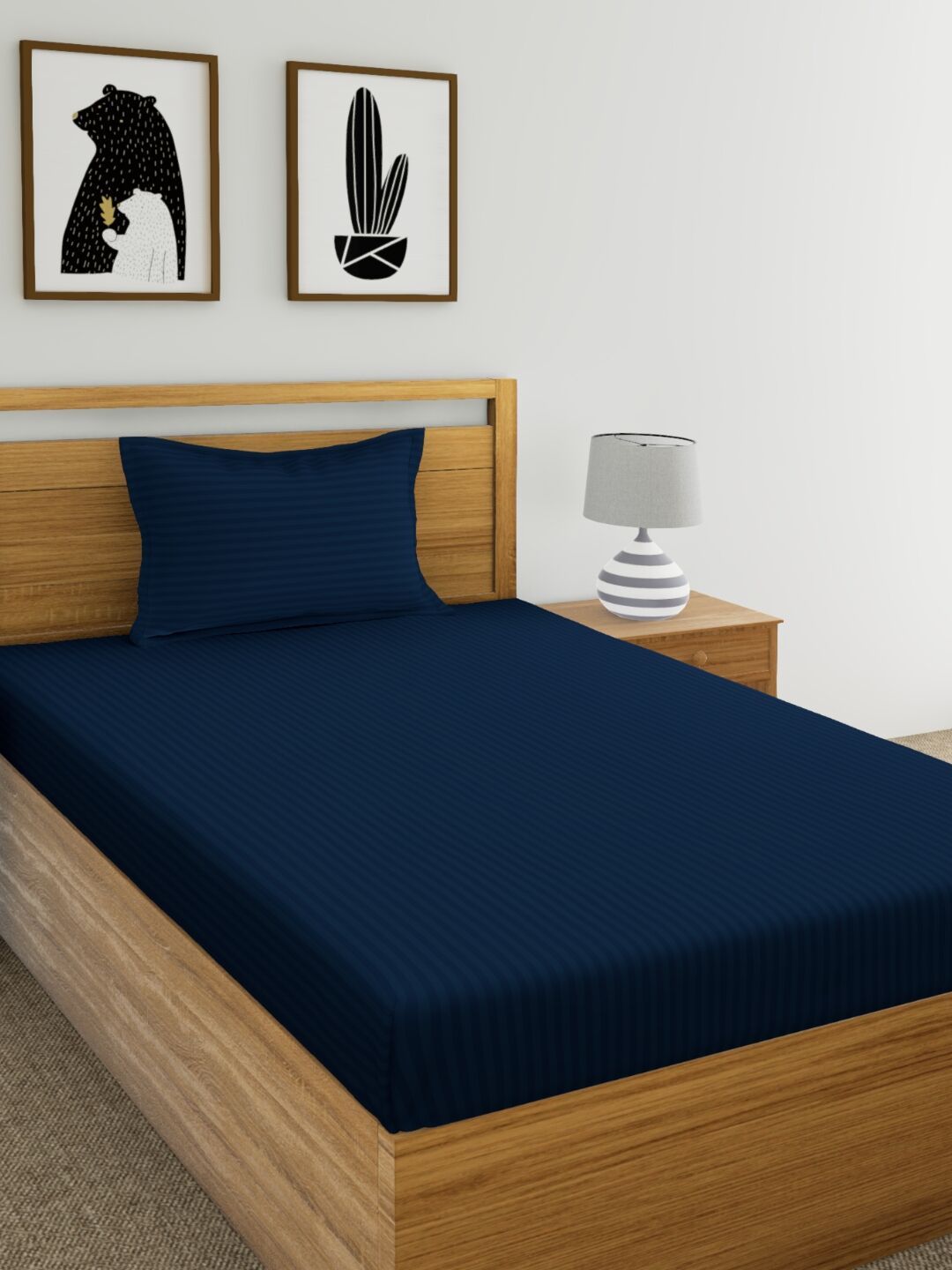 Dreamscape Navy Striped Cotton Sinlge Bedsheet with 1 Pillow Cover Price in India