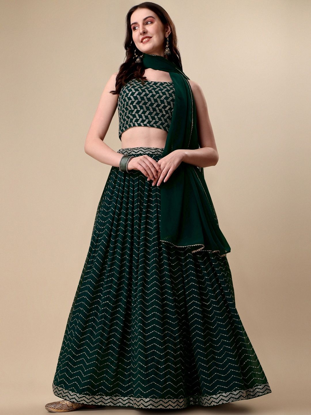 Vaidehi Fashion Green & Gold-Toned Embroidered Sequinned Ready to Wear Lehenga & Blouse With Dupatta Price in India
