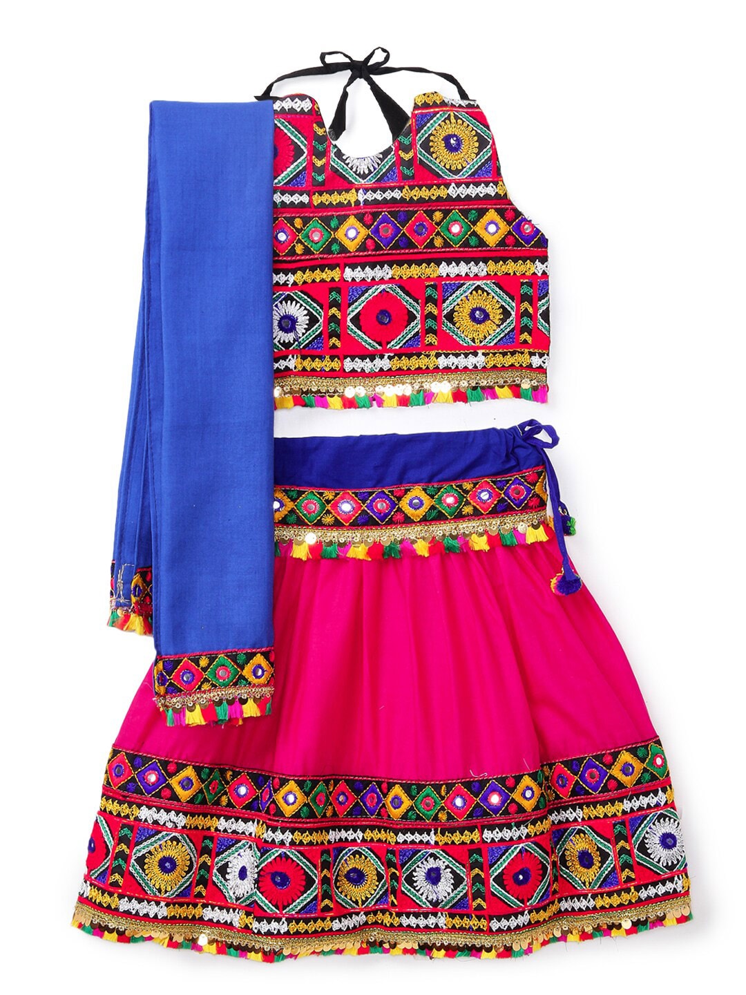 BANJARA INDIA Girls Pink & Blue Embroidered Thread Work Ready to Wear Lehenga & Blouse With Dupatta Price in India