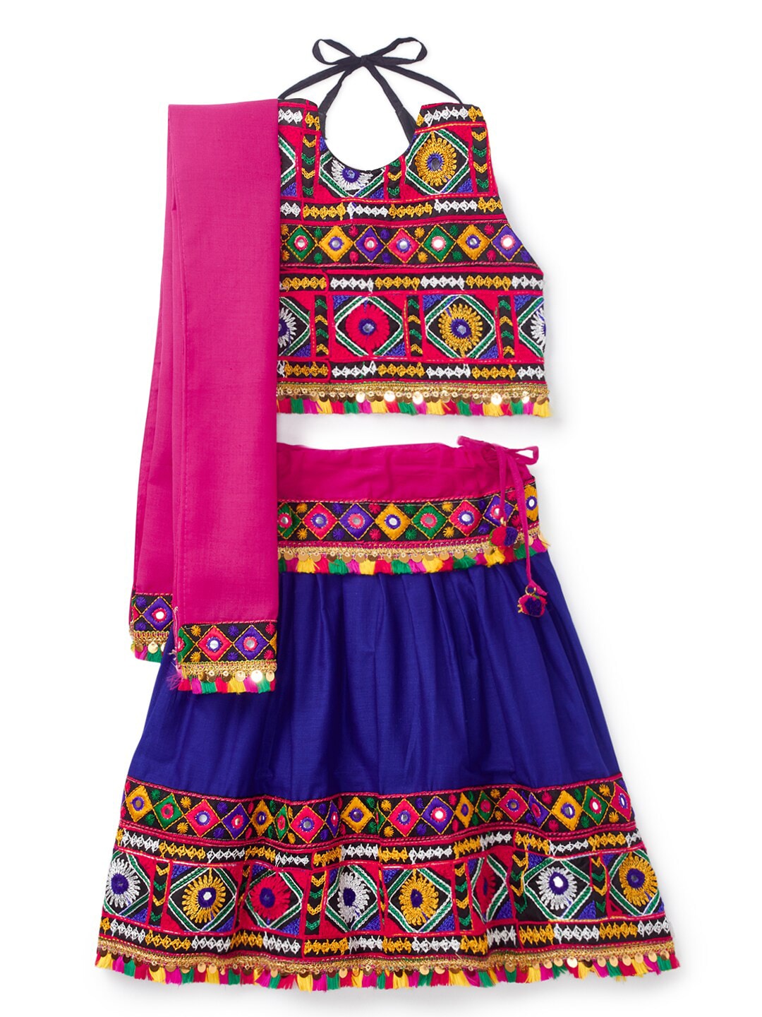 BANJARA INDIA Girls Blue & Red Embroidered Thread Work Ready to Wear Lehenga & Blouse With Dupatta Price in India