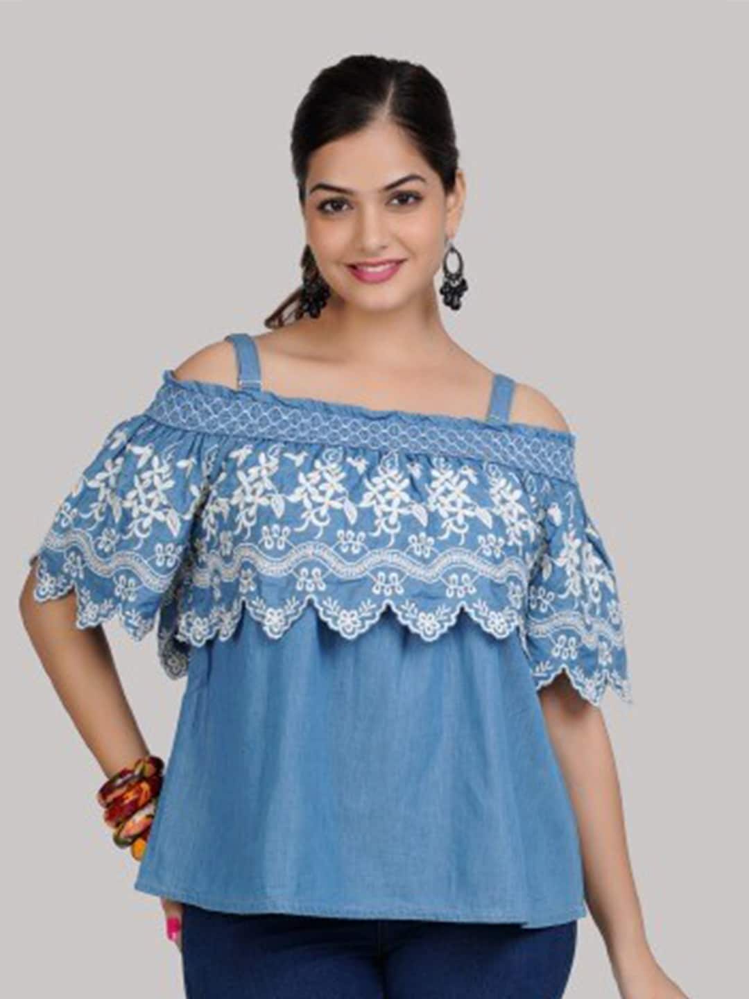 SUMAVI-FASHION Off-Shoulder Denim Bardot Pure Cotton Top Price in India