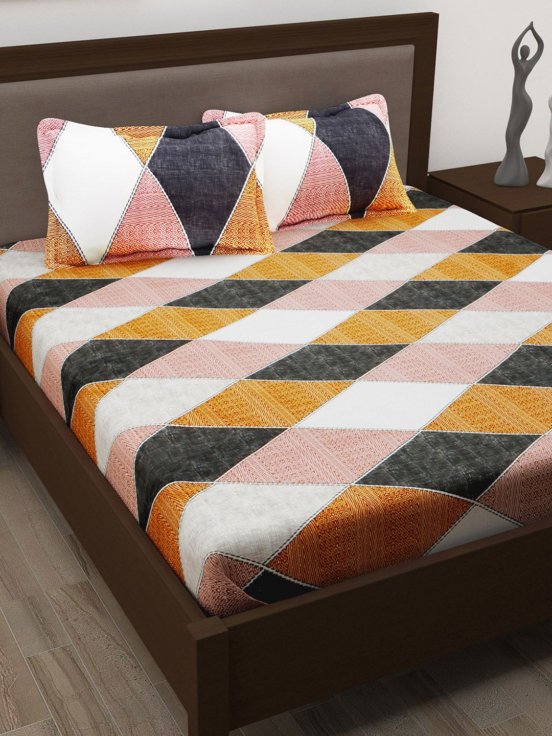 Story@home Yellow & Black Checked 100%Cotton 186TC 1 Double Bedsheet with 2 Pillow Covers Price in India