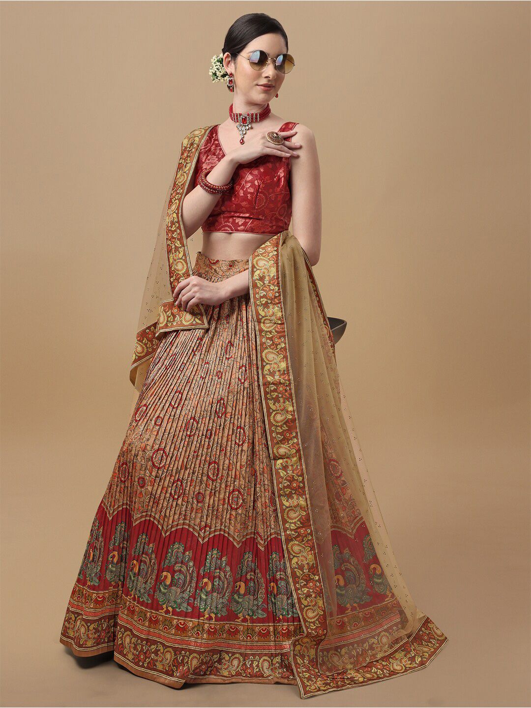 SAPTRANGI Printed Kalamkari Ready to Wear Lehenga & Blouse With Dupatta Price in India