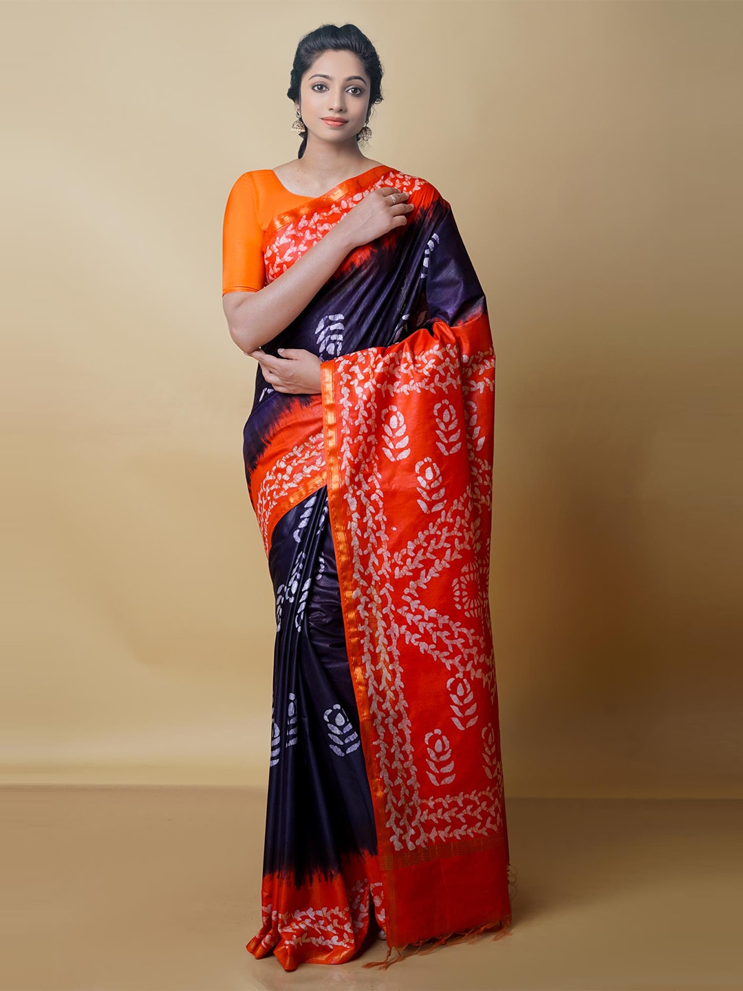 Unnati Silks Black & Orange Batik Zari Pure Silk Chanderi Saree Price in India