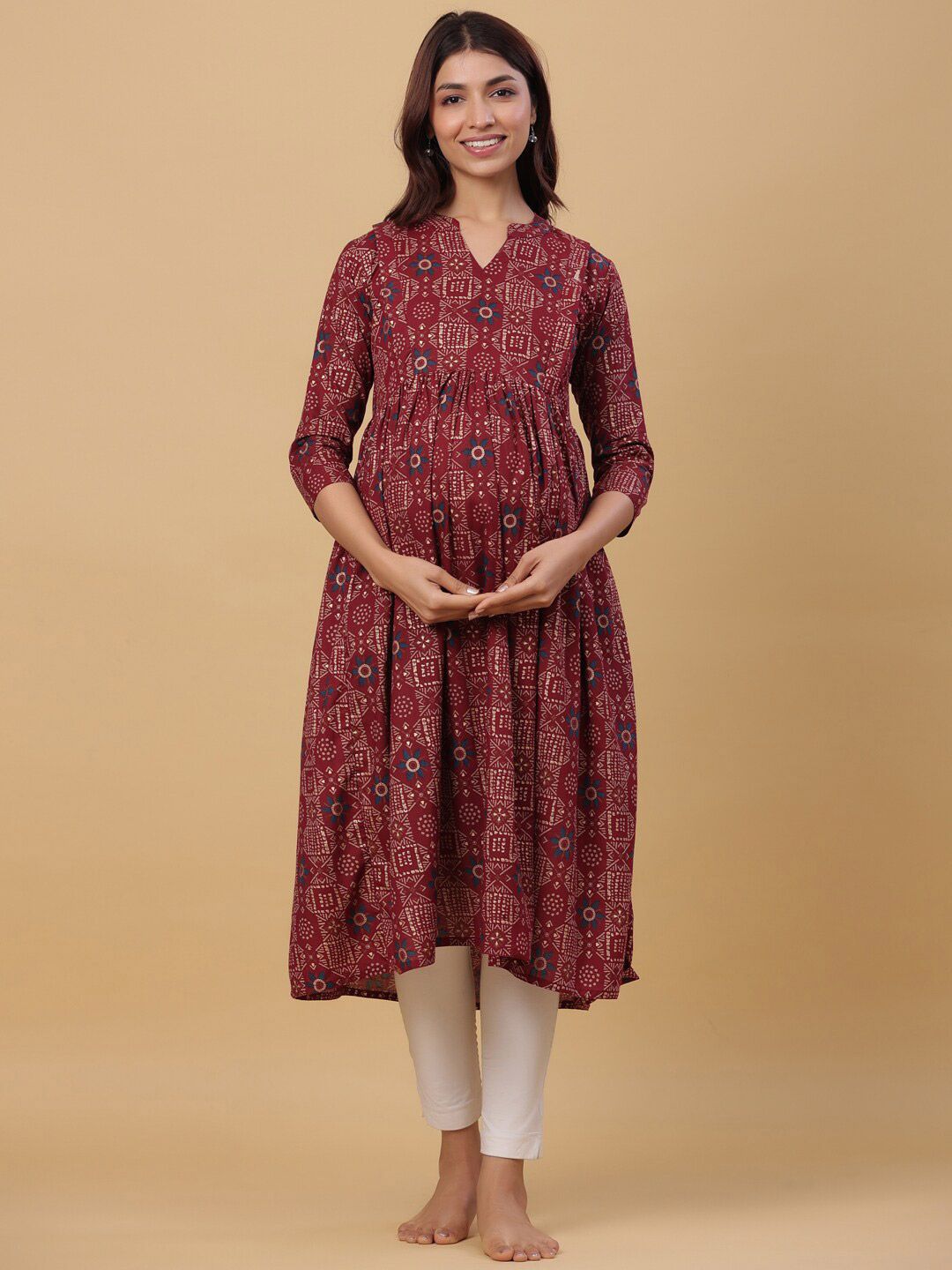 CRAFIQA Women Ethnic Motifs Printed Maternity Anarkali Pure Cotton Kurta Price in India