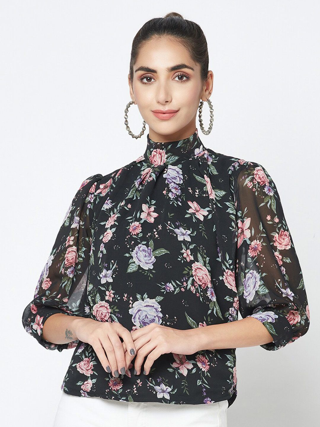 SQew Floral Print High Neck Top Price in India