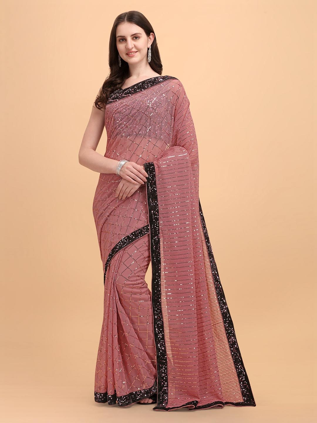 Ethnic Yard Embellished Checked Sequinned Saree Price in India