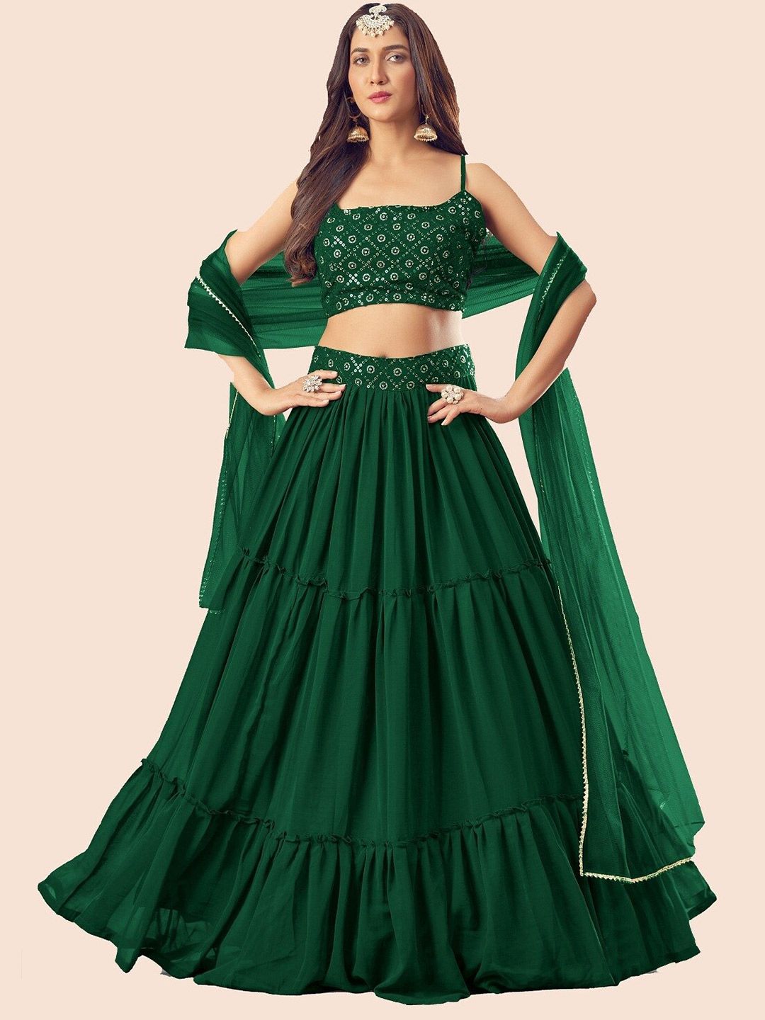 Ethnic Yard Green & Silver-Toned Embroidered Semi-Stitched Lehenga & Unstitched Blouse With Dupatta Price in India