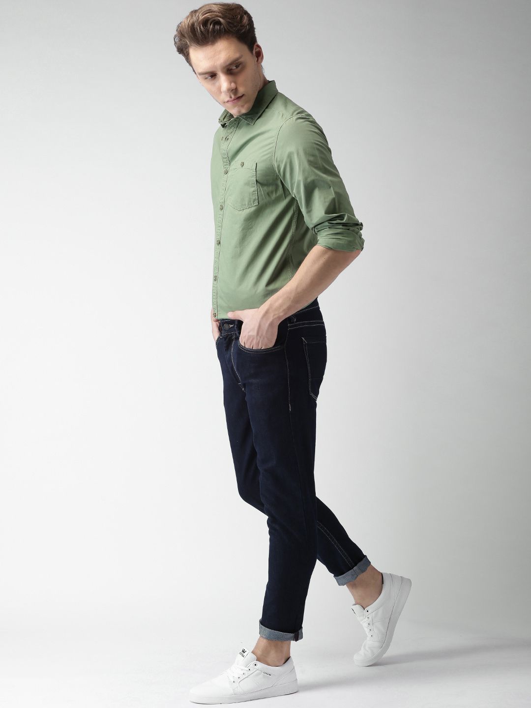 Mast & Harbour Men Green Slim Fit Solid Casual Shirt