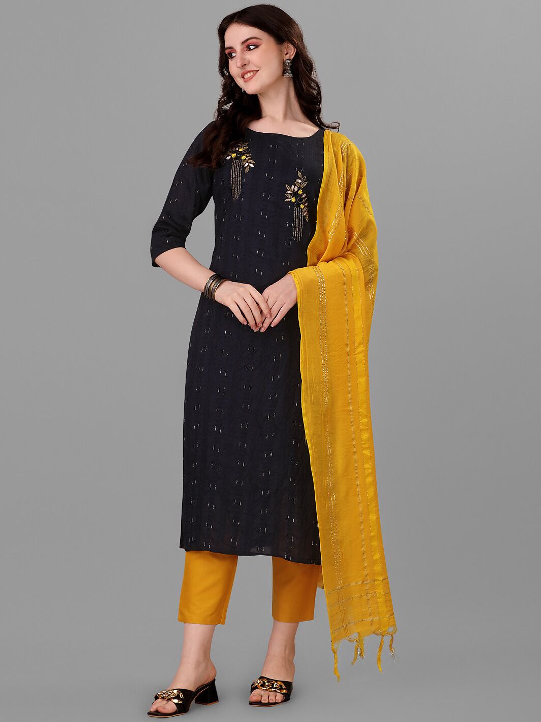 Angroop Women Navy Blue Striped Thread Work Kurta with Trousers & With Dupatta Price in India