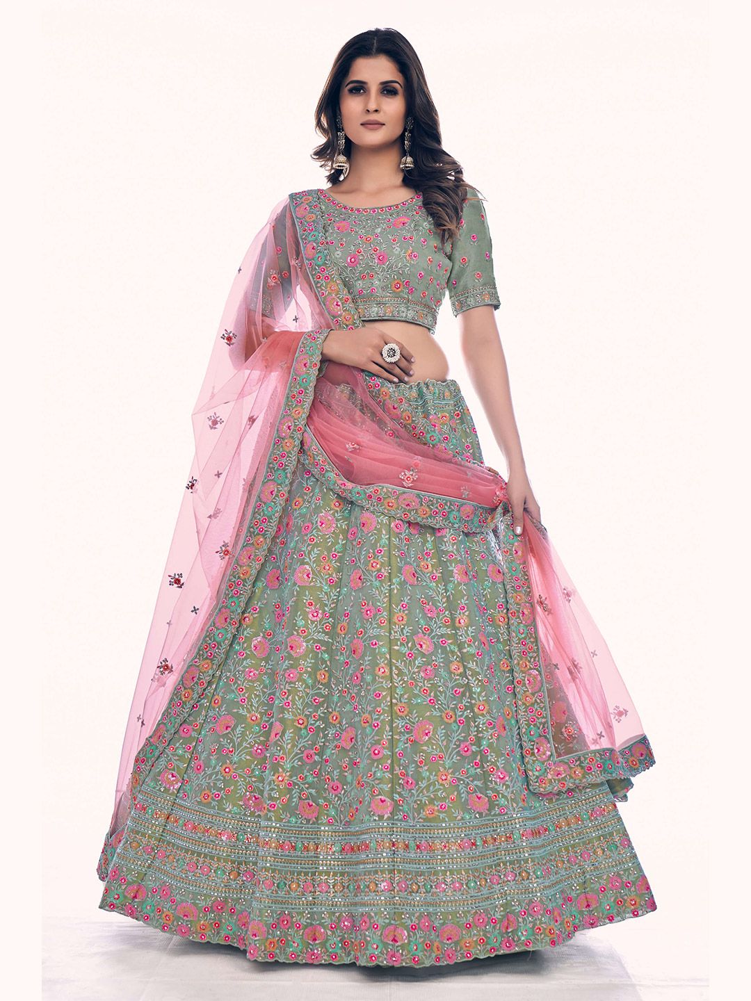 Fusionic Green & Pink Embroidered Thread Work Semi-Stitched Lehenga & Unstitched Blouse With Dupatta Price in India