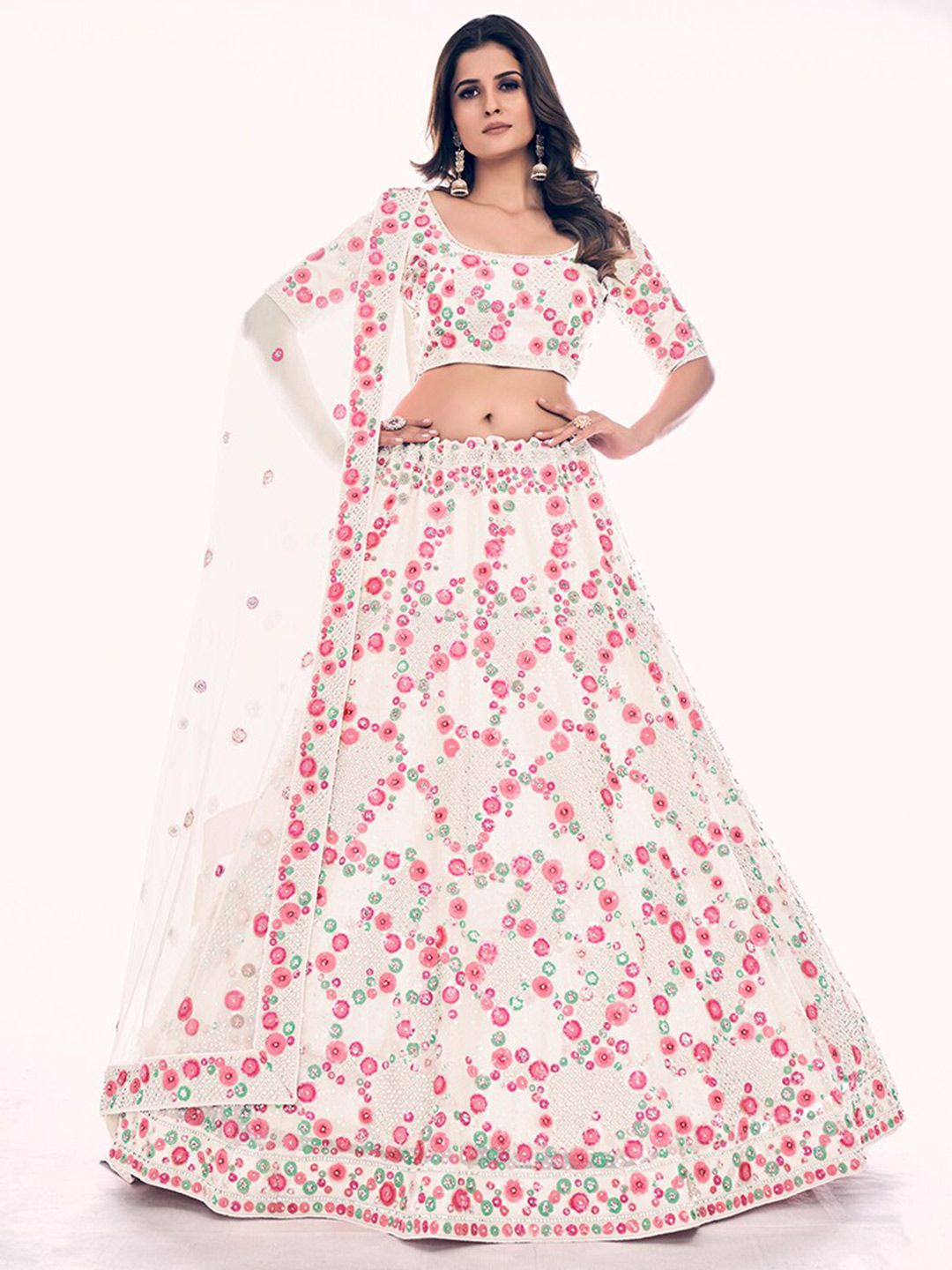 Fusionic Embroidered Net Semi-Stitched Lehenga & Unstitched Blouse With Dupatta Price in India