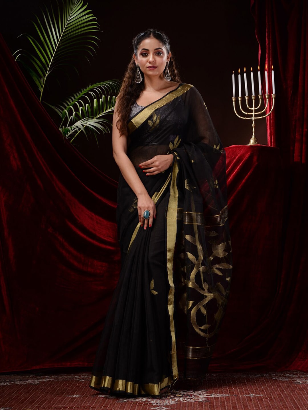 Mitera Black & Gold-Toned Woven Design Zari Silk Cotton Saree Price in India