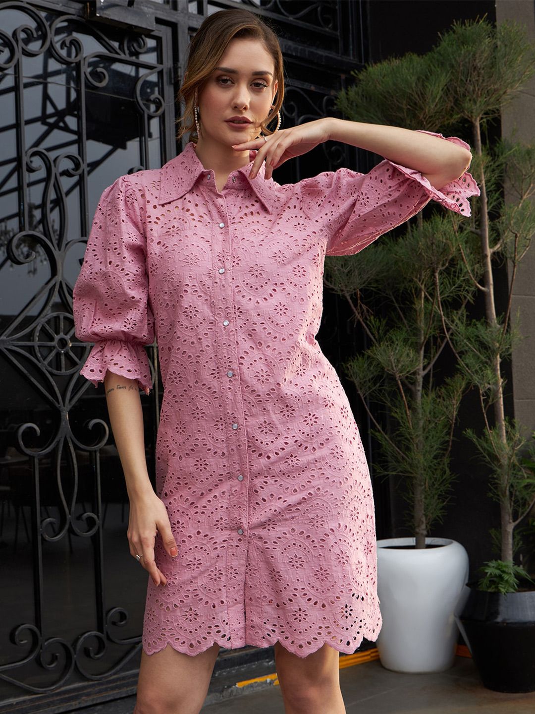 Athena Self Design Schiffli Cotton Shirt Dress Price in India
