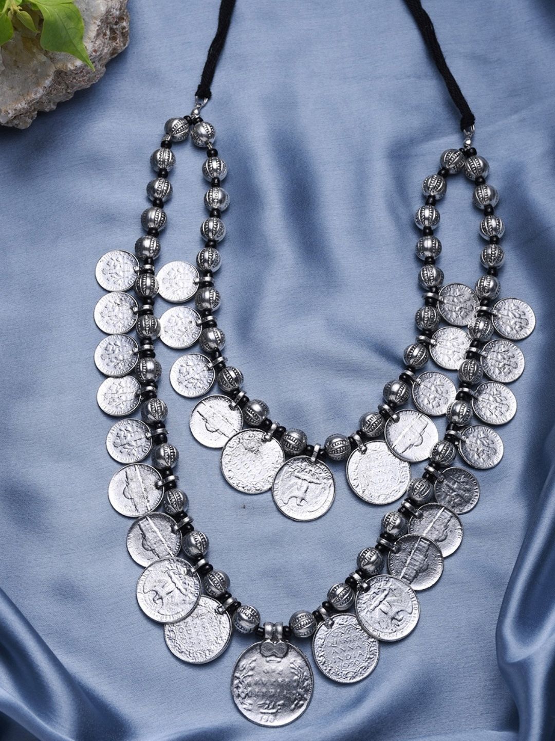 Infuzze Oxidised Silver-Toned & Black Dual-Stranded Coin Necklace Price in India