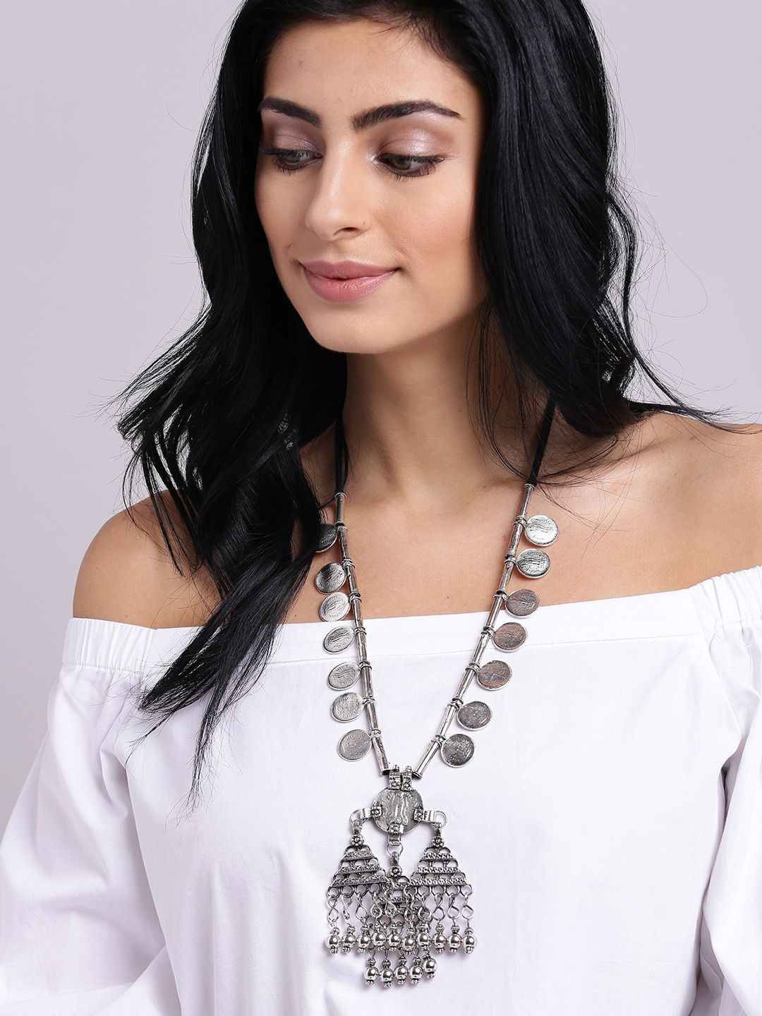 Infuzze Oxidised Silver-Toned & Black Coin Necklace Price in India