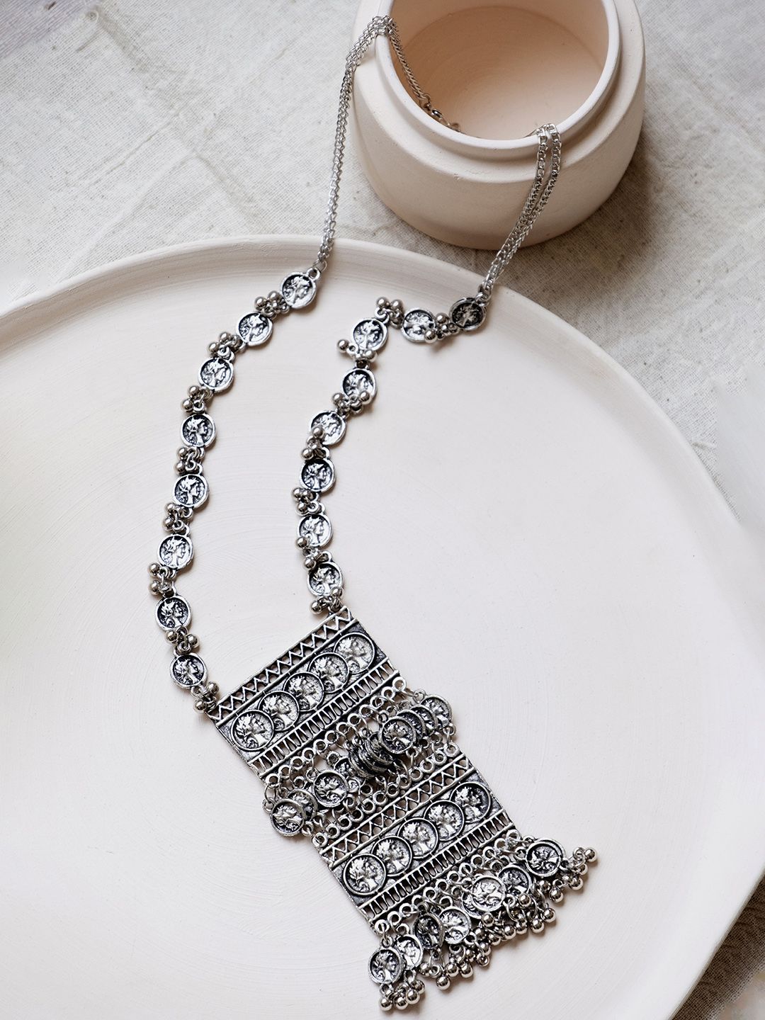 Infuzze Oxidised Silver-Toned Textured Cut-Out Necklace Price in India