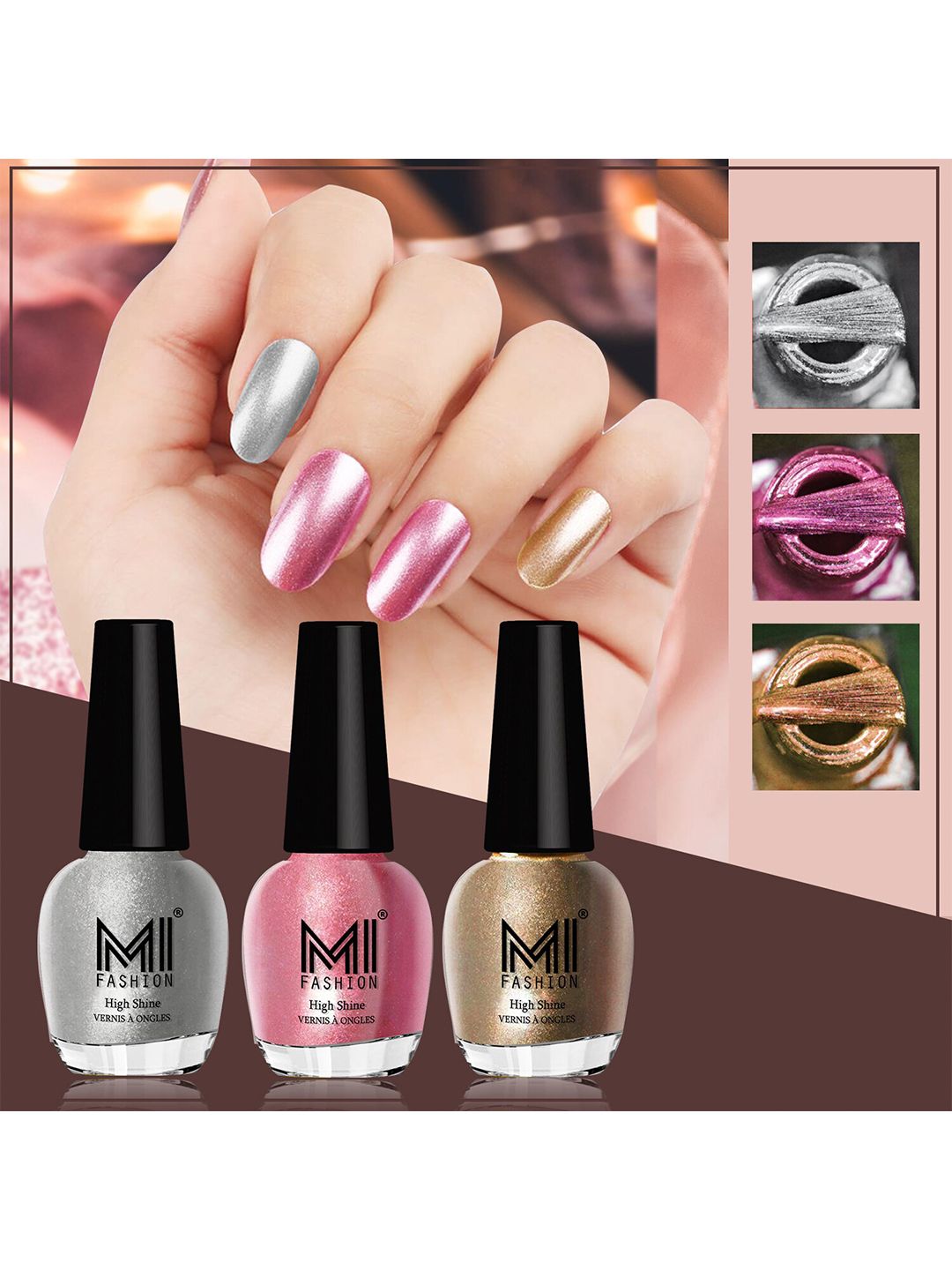 MI FASHION Set of 3 High Shine Long-Lasting Nail Lacquer 12 ml Each - Metallic Silver 46 - Metallic Pink 47 - Golden 43