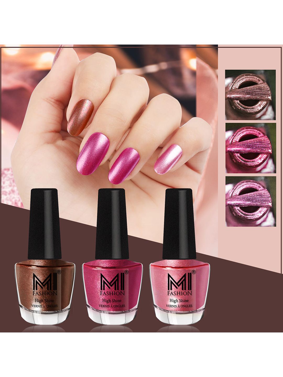 MI FASHION Set of 3 High Shine Long-Lasting Nail Lacquer 12 ml Each - Brown Coffee 05 - Metallic Red 06 - Metallic Pink 47