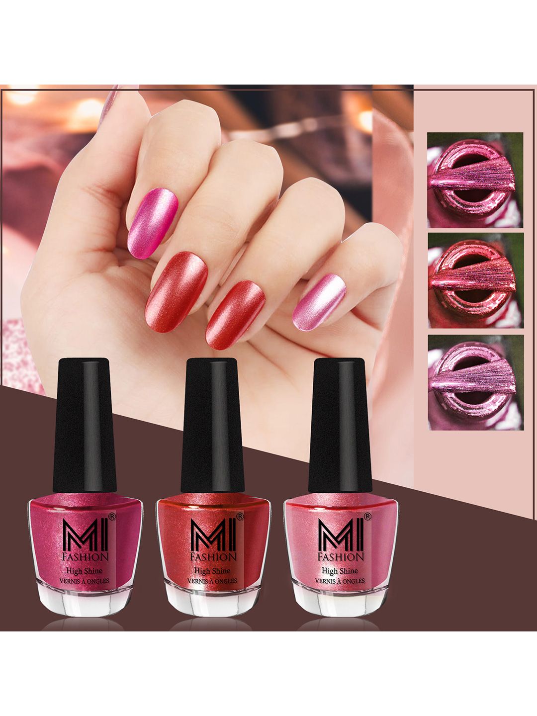 MI FASHION Set of 3 High Shine Long-Lasting Nail Lacquer 12 ml Each -Metallic Red 06 - Reddish Bronze 07 - Metallic Pink 47