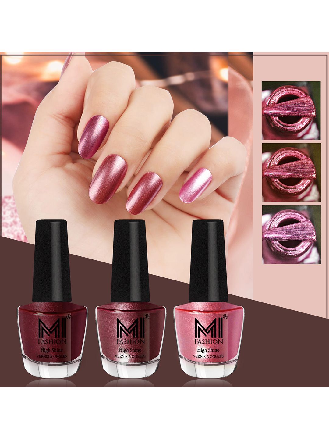 MI FASHION Set of 3 High Shine Long-Lasting Nail Lacquer 12 ml Each -Shimmer Coffee 09 - Metallic Maroon 10 - Metallic Pink 47