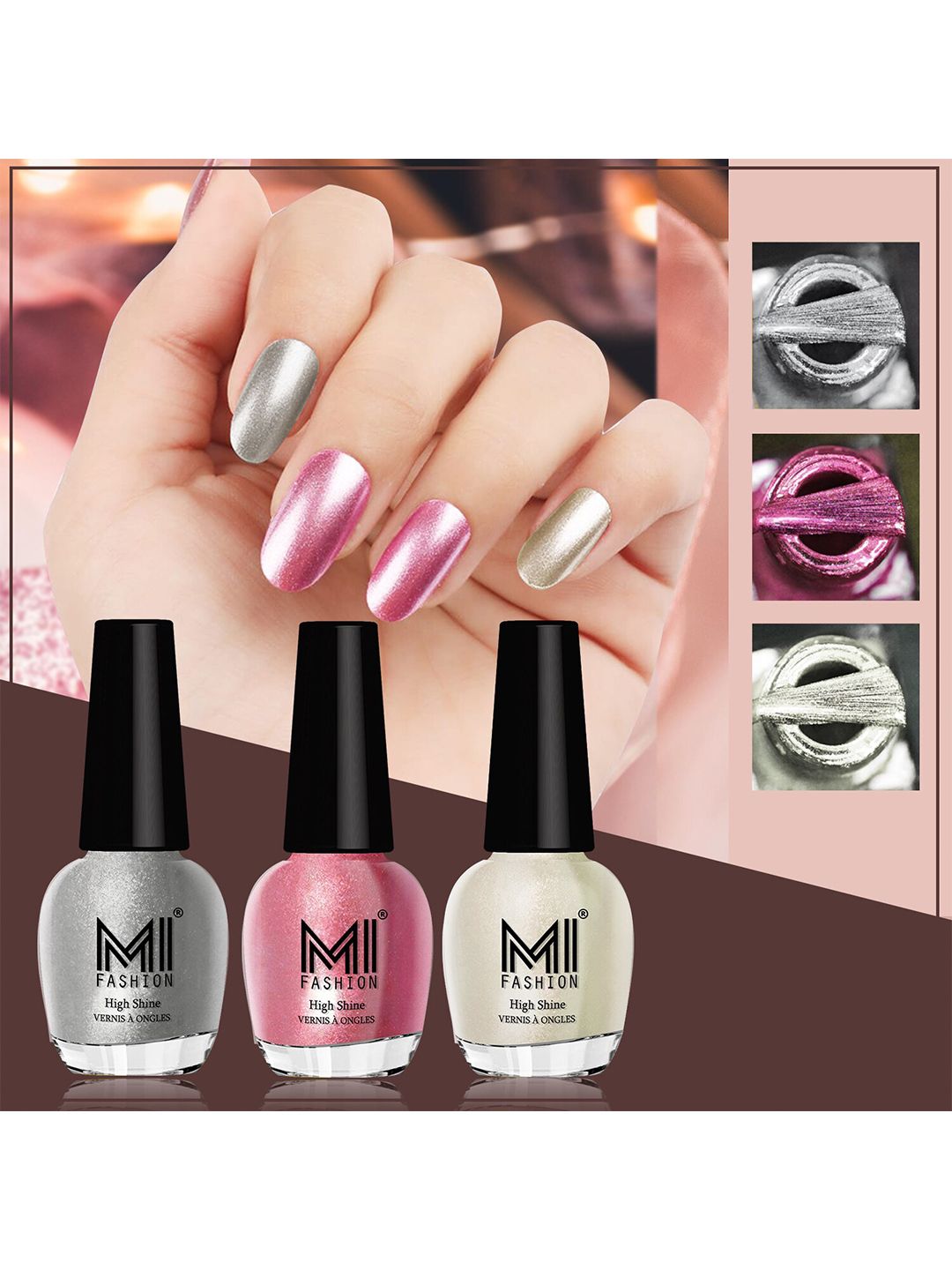 MI FASHION Set of 3 High Shine Long-Lasting Nail Lacquer 12 ml Each -Metallic Silver 46 - Metallic Pink 47 - Pearly White Chrome 58