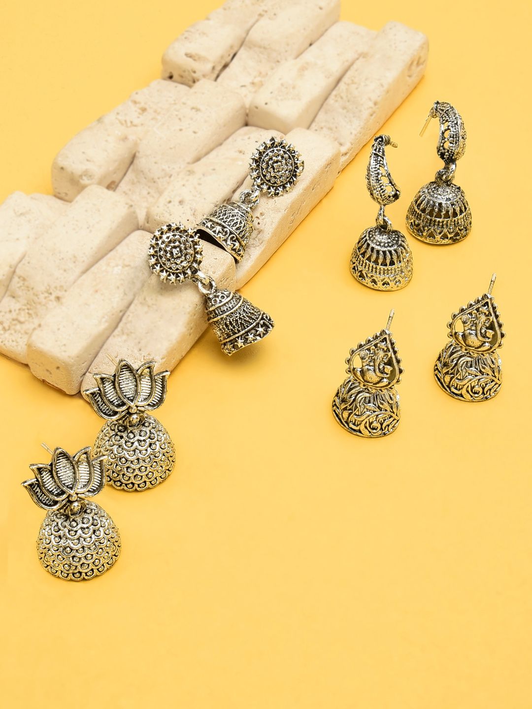 Zaveri Pearls Set of 4 Oxidised Silver-Plated Dome-Shaped Jhumkas Price in India